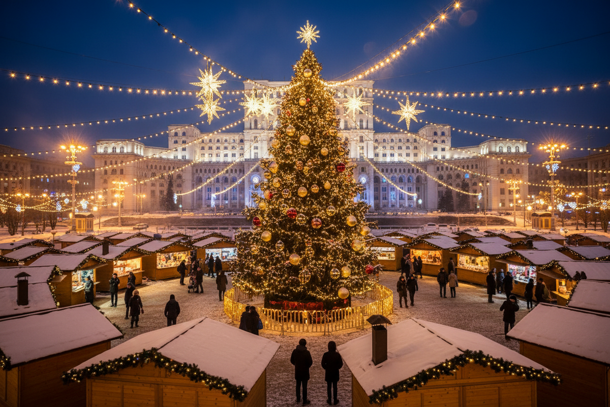 Bucarest - Mercatini di Natale con albero gigante e luminarie