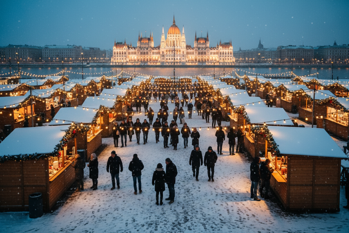 Budapest - Mercatini di Natale in Piazza Vörösmarty con il Parlamento illuminato