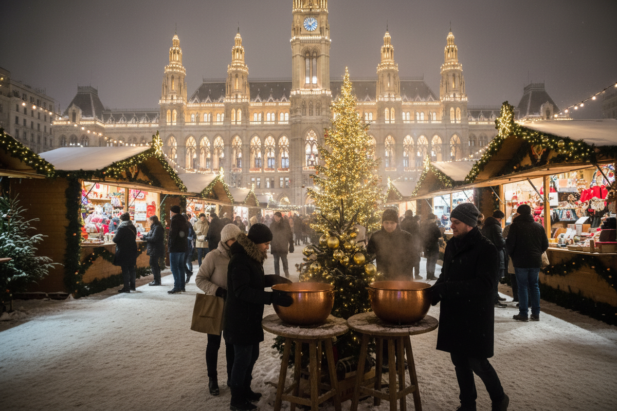 Vienna - Mercatini di Natale al Rathausplatz con il Municipio illuminato