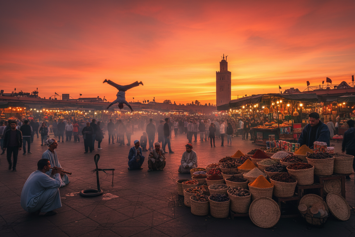 Marocco - Piazza Jemaa el-Fna Marrakech al tramonto