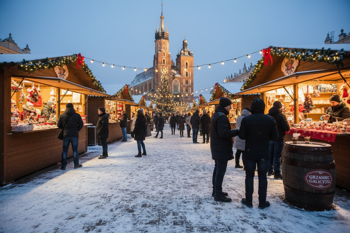 Cracovia - Mercatini di Natale in Piazza del Mercato con la Basilica di Santa Maria