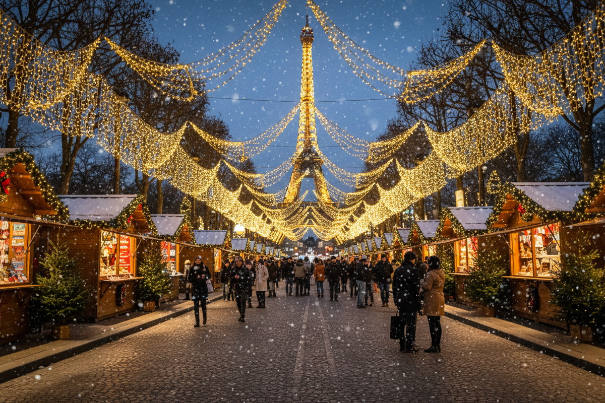 Parigi - Mercatini di Natale sugli Champs-Élysées con la Torre Eiffel illuminata