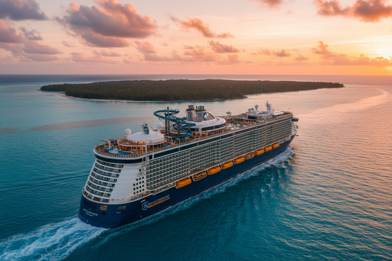 Nave da crociera Royal Caribbean Star of the Seas nei Caraibi al tramonto